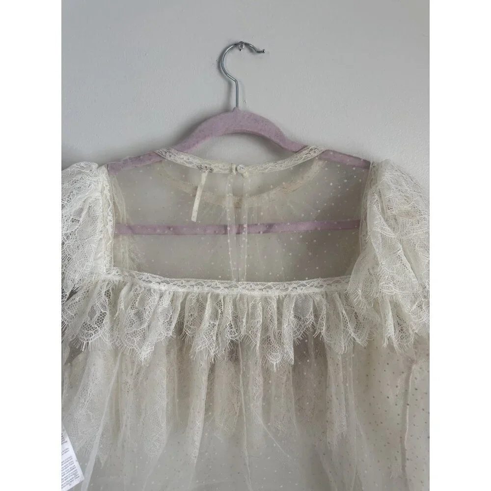 Free People Chloe Swiss Dot Lace Ruffle Sheer White Top Cottage Romantic Dainty